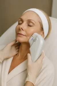 Woman receiving HIFU non surgical facelift treatment Merthyr Tydfil
