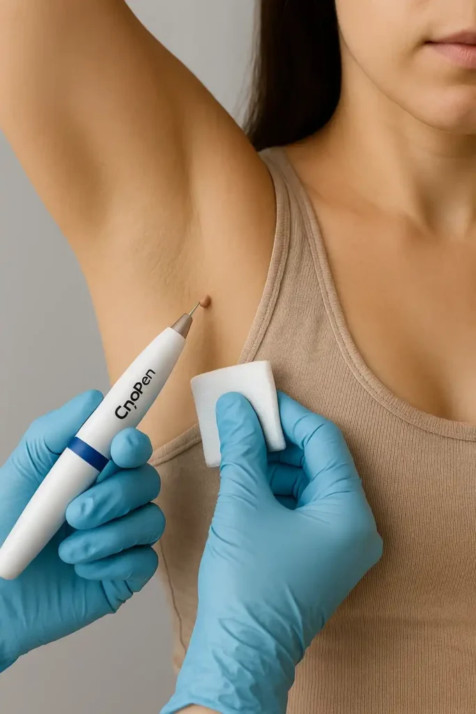 woman having cryopen to remove underarm skin tags Merthyr Tydfil