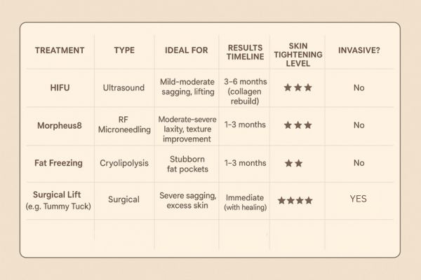 Table showing the comparisons of Skin tightening Merthyr Tydfil treatment options.